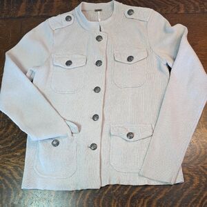 Free People Light Gray Knit Military Jacket Button Hook Loop Closures Pockets